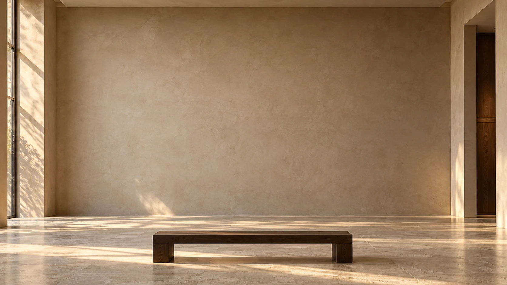 Conceptual sunlit gallery with warm plaster, travertine, and a low oak bench.
