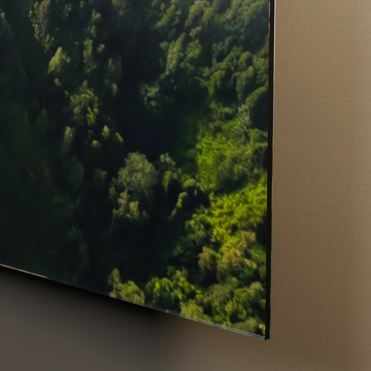 A close-up of a real Kelimutu image detail through a modeled acrylic face, with a finely lit edge and floating shadow.