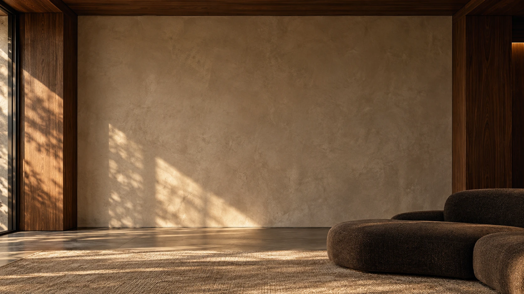 Conceptual living space in warm walnut and taupe plaster, with a sculptural lounge.